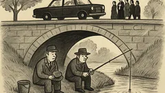 Joks: Divi vīrieši makšķerē zem tilta